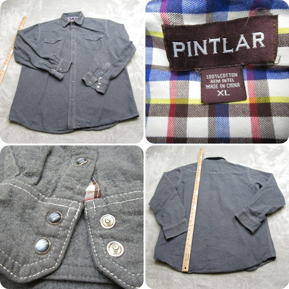 PINTLAR Pearl Snap Flannel Men XL Gray Cotton Pockets Long Sleeve‎ Button Up